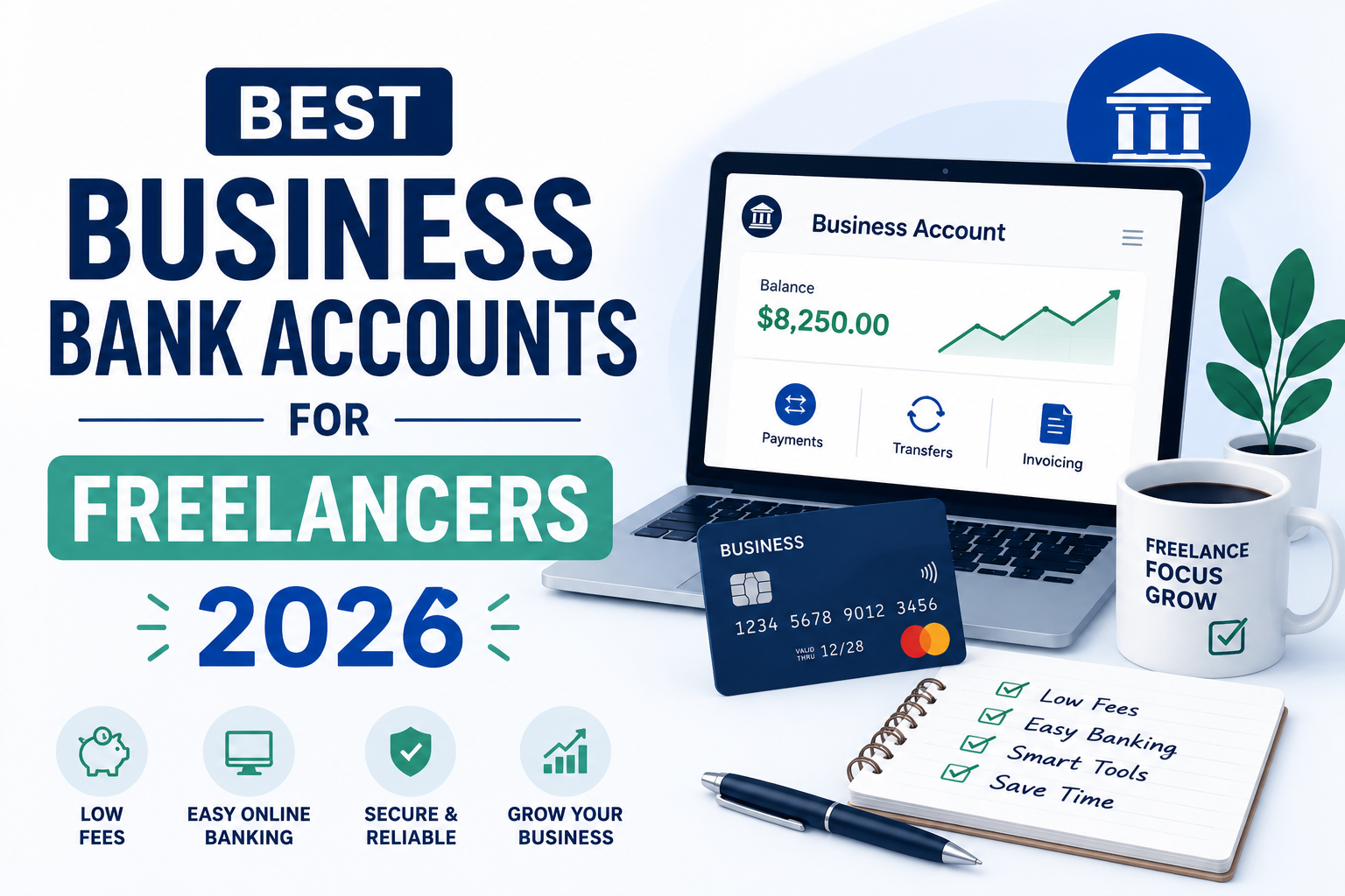 Modern illustration of freelancer business banking with digital account dashboard, payment card, financial tools, and online banking features for 2026.