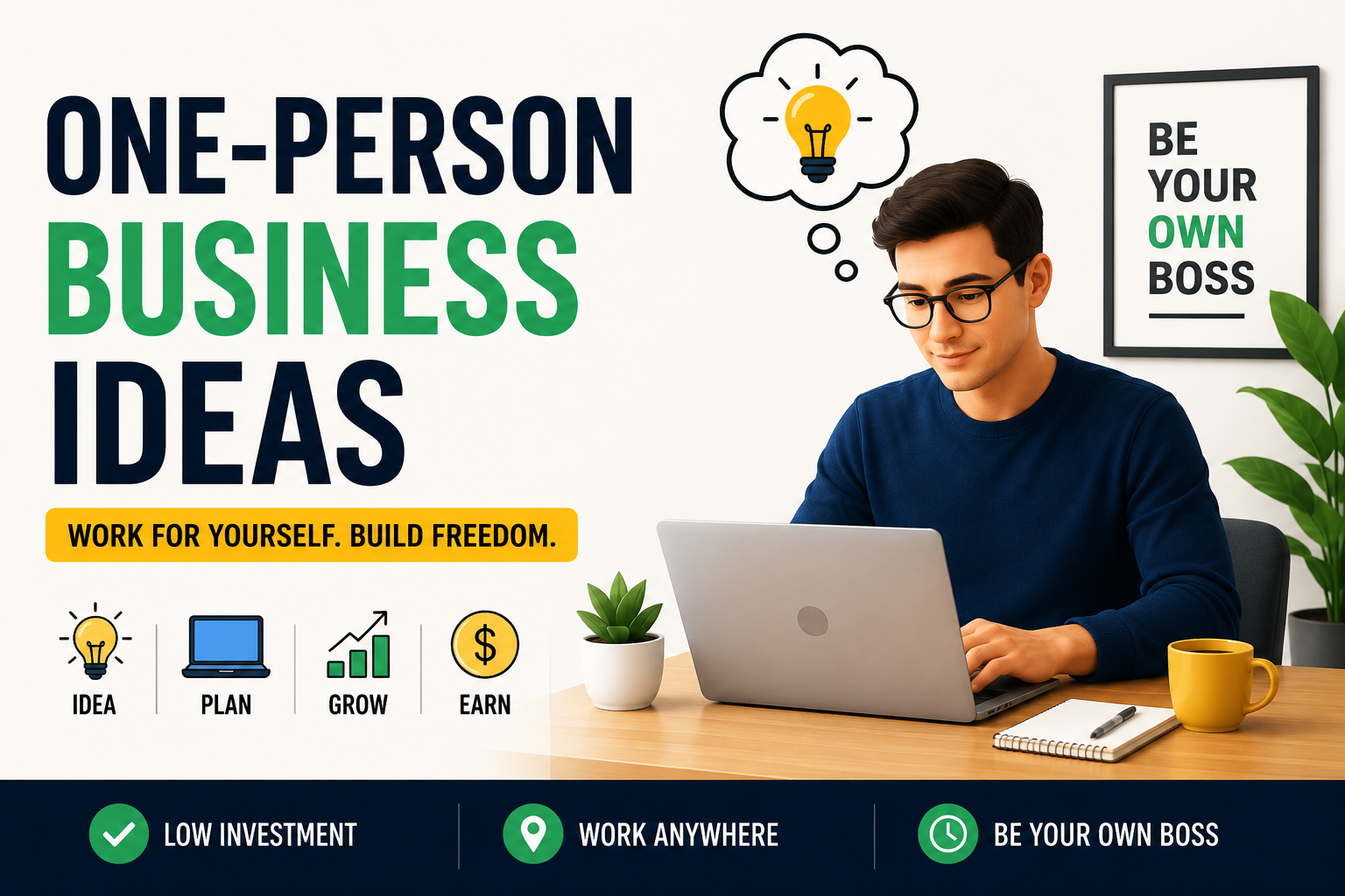 Creative illustration of a solo entrepreneur working on a laptop with business growth icons, self-employment symbols, and one-person business concepts.