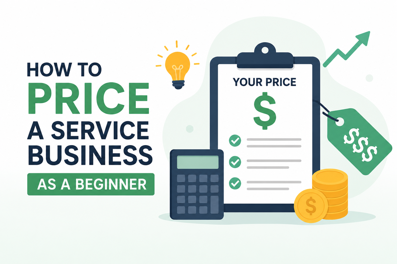 Illustration of service business pricing with a calculator, pricing checklist, price tag, coins, and growth chart for beginner entrepreneurs.