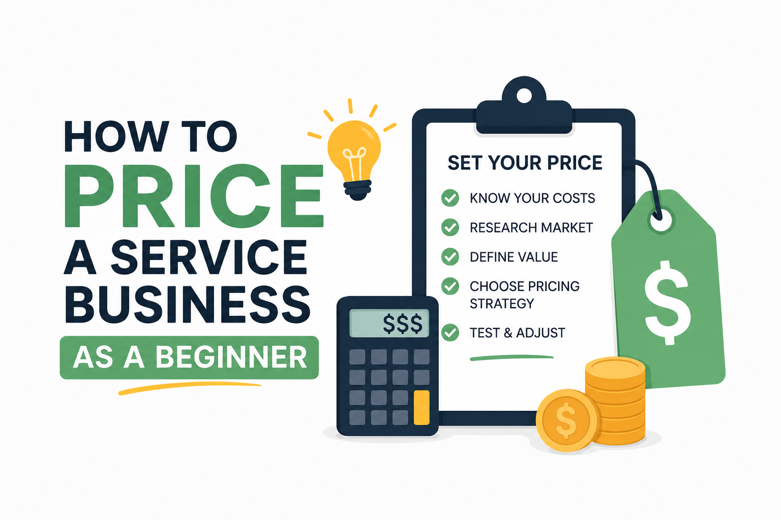 Illustration of a beginner's guide to pricing a service business featuring a calculator, pricing checklist, price tag, coins, and business growth icons.