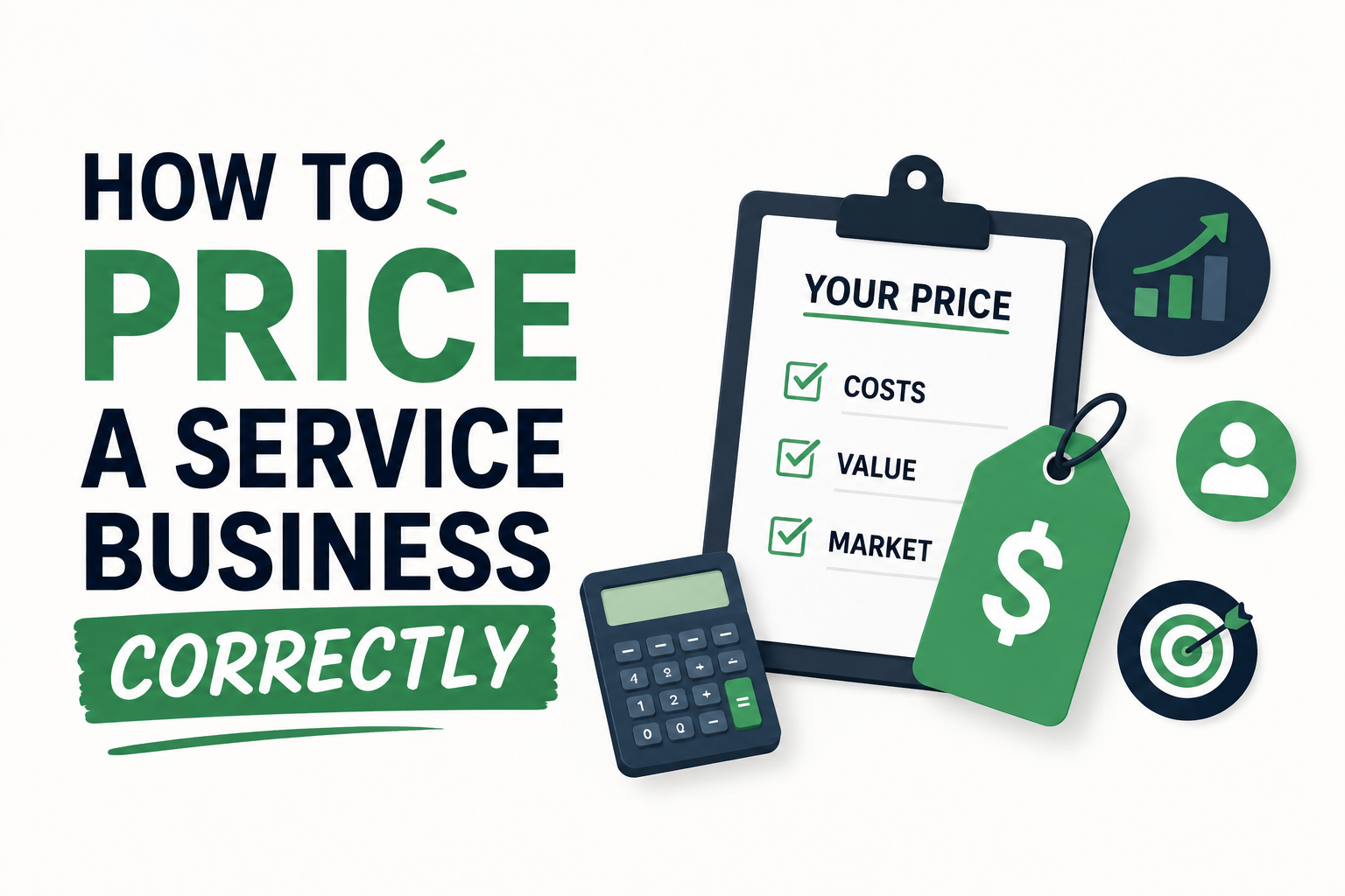 Creative illustration showing service business pricing with a price tag, calculator, checklist, and growth icons representing cost analysis and pricing strategy.