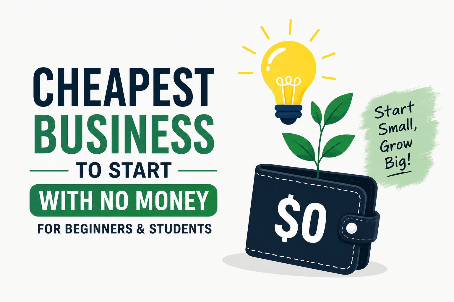 Creative illustration showing a wallet with zero dollars, a growing plant, and a light bulb representing low-cost business ideas and startup growth opportunities.