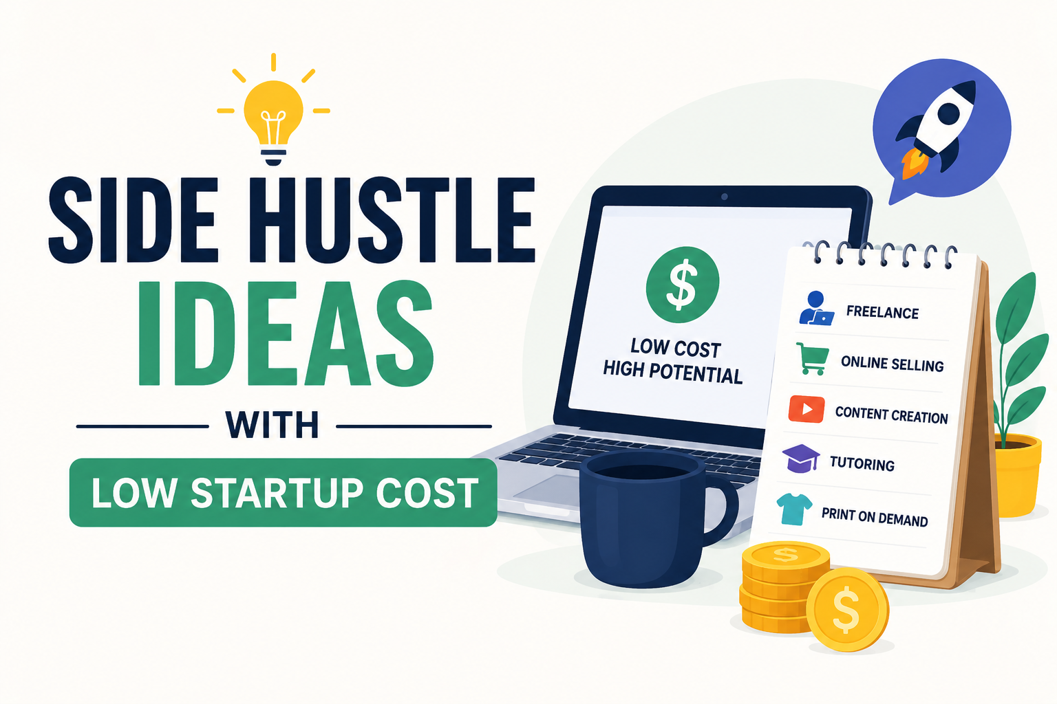 Creative illustration of low-cost side hustle ideas with laptop, freelance work, online selling, money icons, and business growth elements.