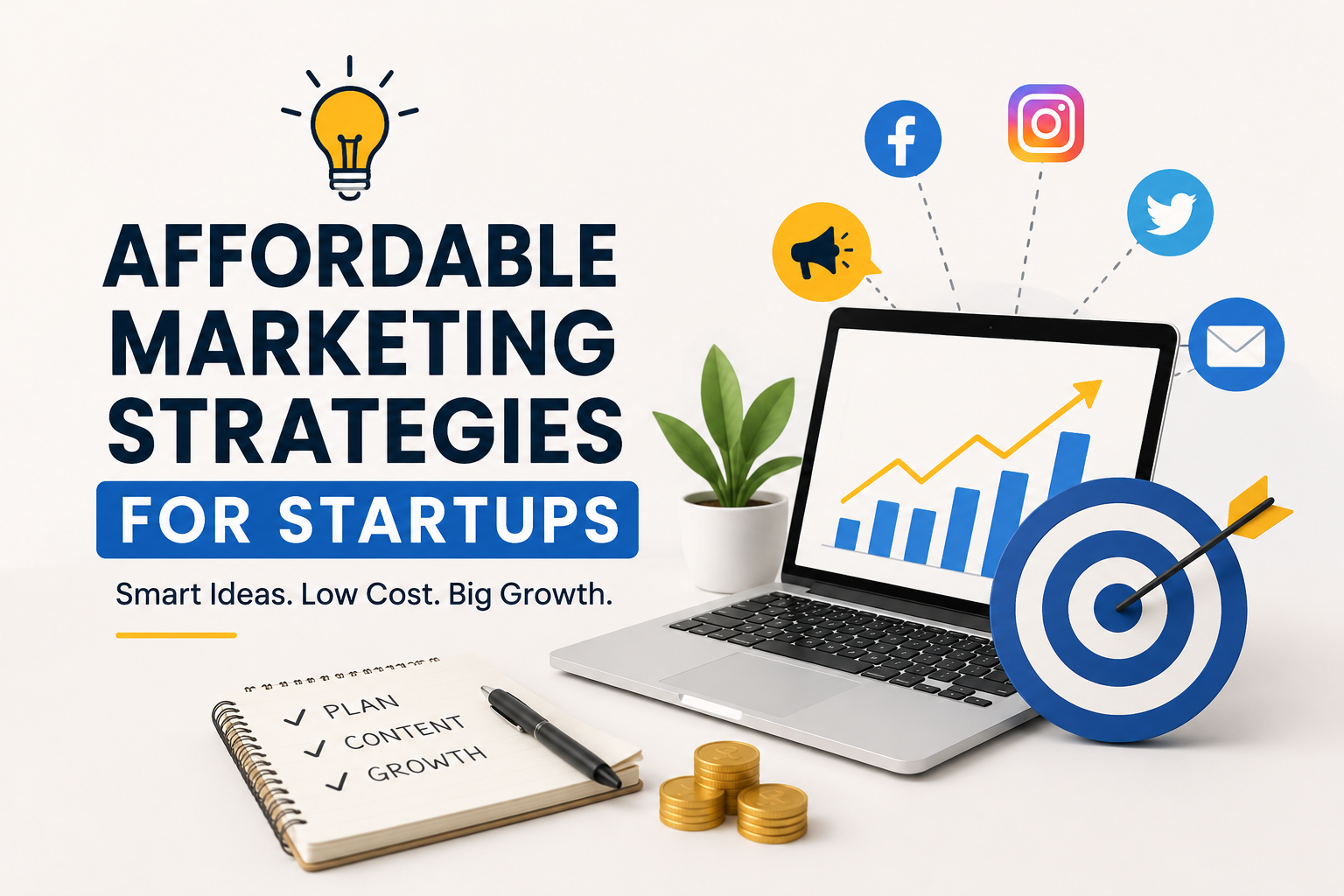 Startup business owner planning affordable marketing strategies with laptop, charts, social media icons, and growth elements.