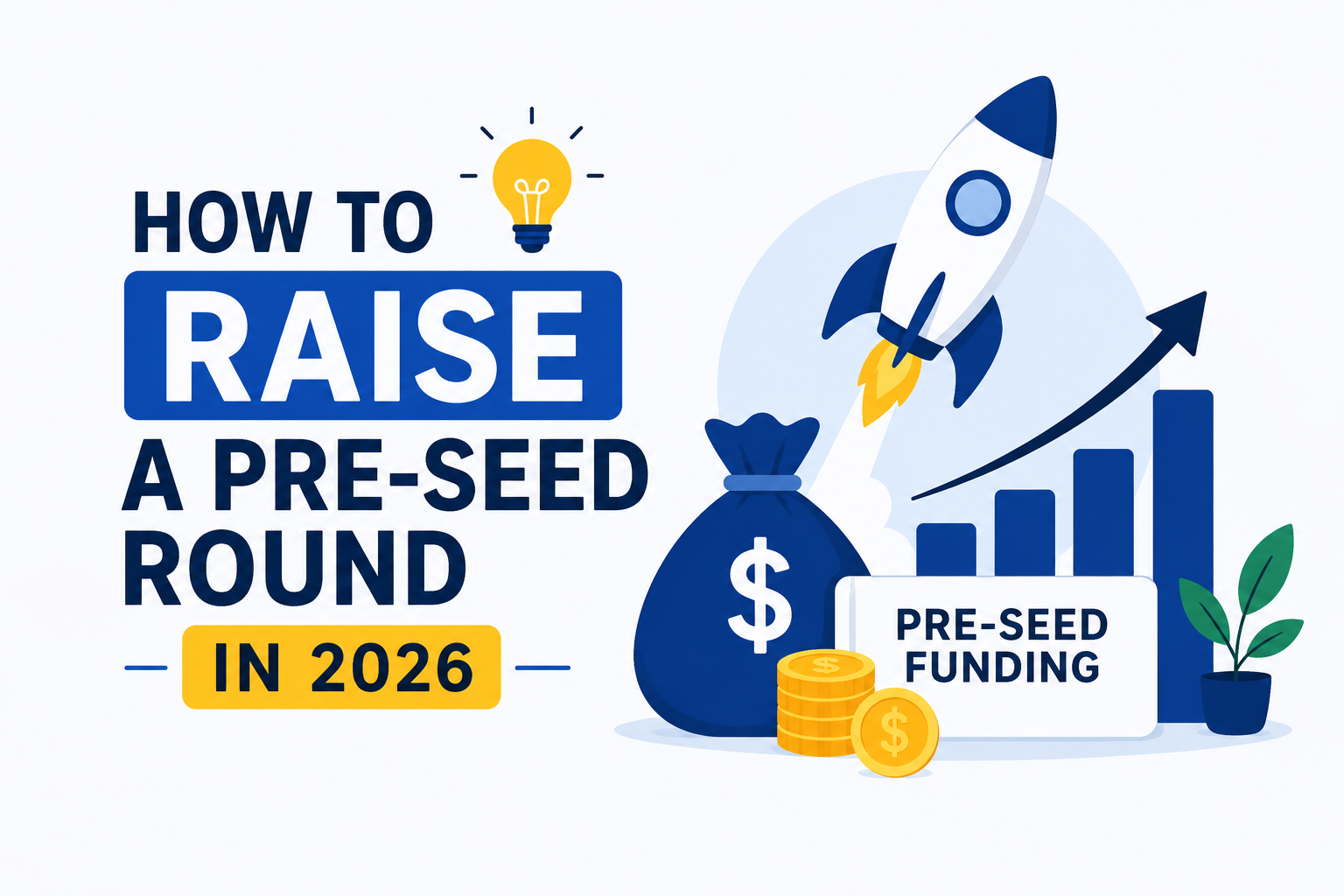 Creative illustration of startup pre-seed fundraising with rocket launch, investment growth chart, funding icons, and business finance elements.