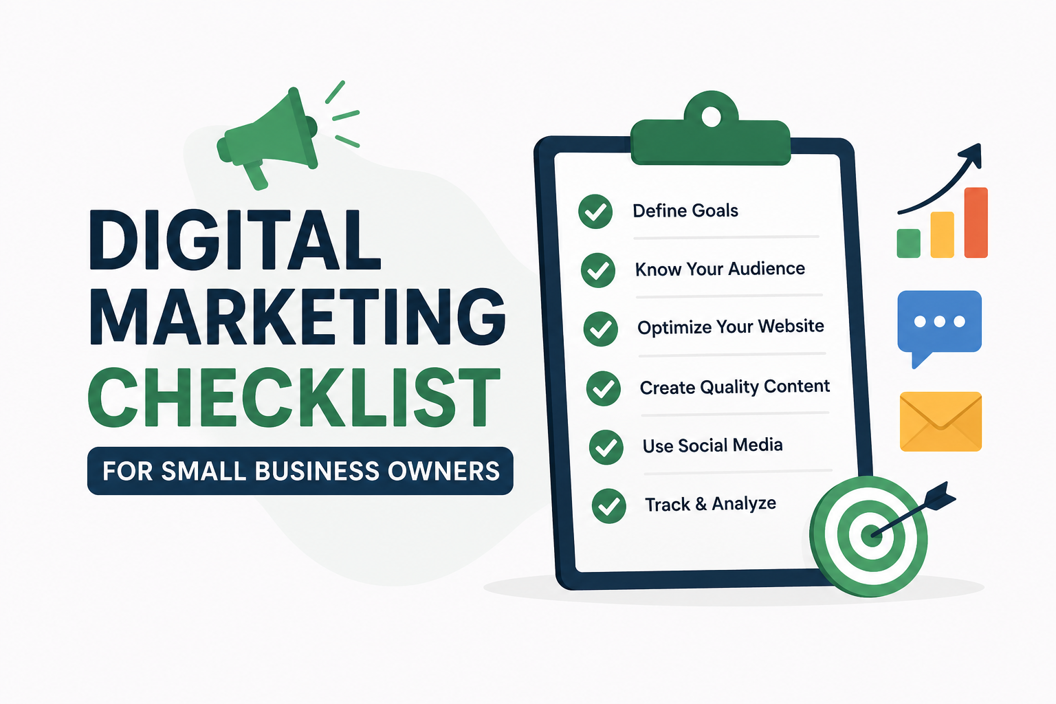 Creative illustration of a digital marketing checklist with a clipboard, marketing icons, growth chart, target, and communication tools for small business owners.