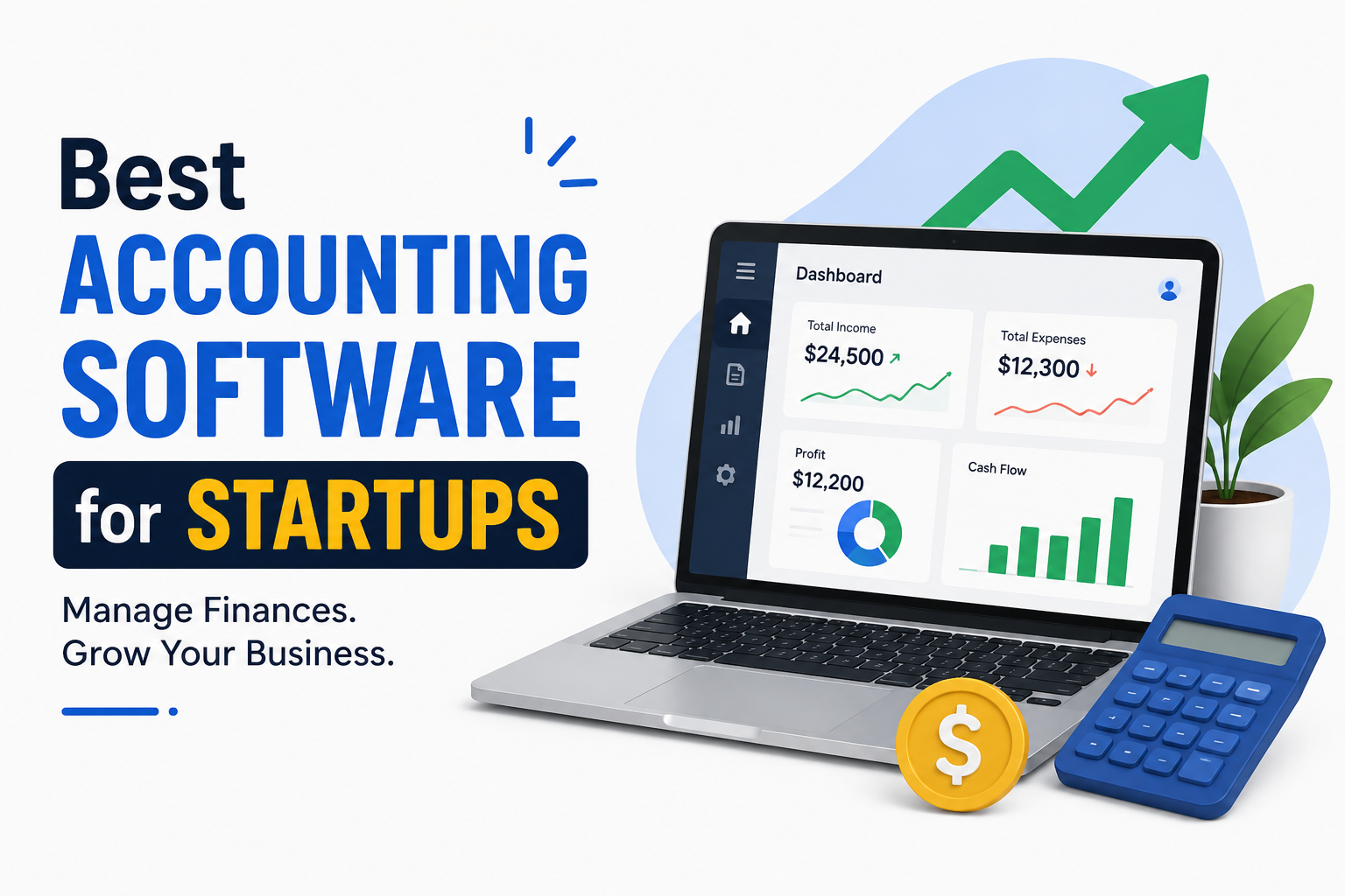 Modern illustration of startup accounting software dashboard with financial charts, invoices, calculator, and business growth elements.