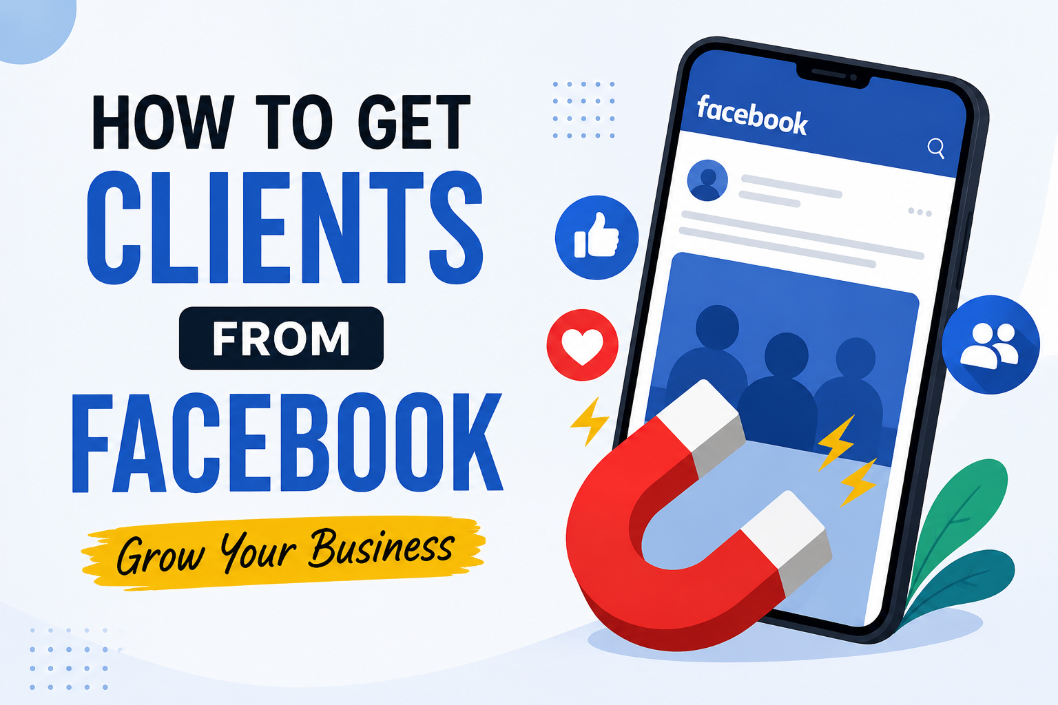 Creative illustration of a smartphone displaying Facebook with client attraction icons, social engagement symbols, and business growth elements.