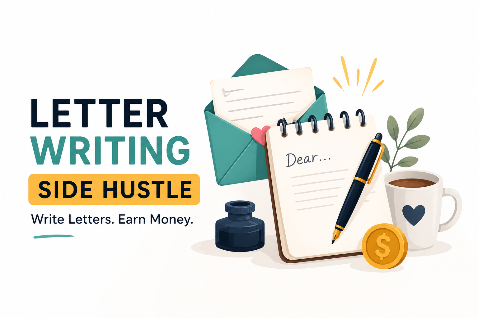 Creative illustration of a letter writing side hustle featuring a notebook, pen, envelope, coffee cup, and money icon representing earning income by writing letters.